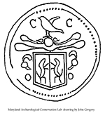Illustration of a wine bottle seal molded with Armorial design of a shield with rampant lions, topped with bird standing on foliage.  Initials CC flank the bird, 37 mm diameter, from 18QU28.